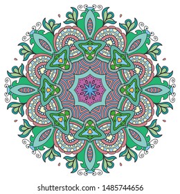 Mandala flower decoration, hand drawn round ornament, isolated design element on a white background. Vector geometric floral pattern. Tribal ethnic fashion motif for paper, textile, cloth fabric print
