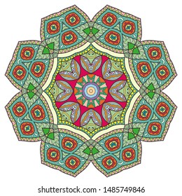 Mandala flower decoration, hand drawn round ornament, isolated design element on a white background. Vector geometric floral pattern. Tribal ethnic fashion motif for paper, textile, cloth fabric print