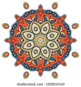 Mandala flower decoration, hand drawn round ornament, isolated design element on a white background. Vector geometric floral pattern. Tribal ethnic fashion motif for paper, textile, cloth fabric print