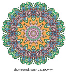 Mandala flower decoration, hand drawn round ornament, isolated design element on a white background. Vector geometric floral pattern. Tribal ethnic fashion motif for paper, textile, cloth fabric print