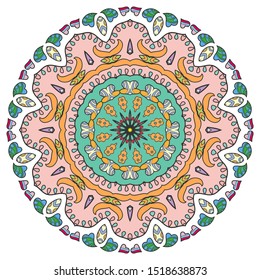 Mandala flower decoration, hand drawn round ornament, isolated design element on a white background. Vector geometric floral pattern. Tribal ethnic fashion motif for paper, textile, cloth fabric print
