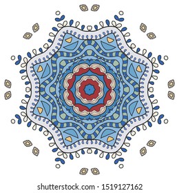 Mandala flower decoration, hand drawn round ornament, isolated design element on a white background. Vector geometric floral pattern. Tribal ethnic fashion motif for paper, textile, cloth fabric print
