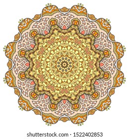 Mandala flower decoration, hand drawn round ornament, isolated design element on a white background. Vector geometric floral pattern. Tribal ethnic fashion motif for paper, textile, cloth fabric print