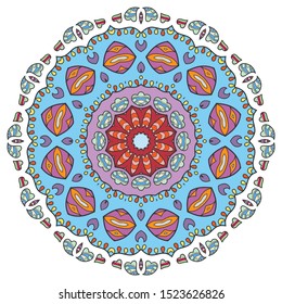 Mandala flower decoration, hand drawn round ornament, isolated design element on a white background. Vector geometric floral pattern. Tribal ethnic fashion motif for paper, textile, cloth fabric print