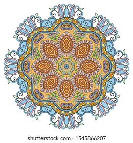 Mandala flower decoration, hand drawn round ornament, isolated design element on a white background. Vector geometric floral pattern. Tribal ethnic fashion motif for paper, textile, cloth fabric print
