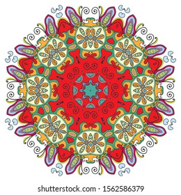Mandala flower decoration, hand drawn round ornament, isolated design element on a white background. Vector geometric floral pattern. Tribal ethnic fashion motif for paper, textile, cloth fabric print