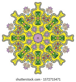 Mandala flower decoration, hand drawn round ornament, isolated design element on a white background. Vector geometric floral pattern. Tribal ethnic fashion motif for paper, textile, cloth fabric print