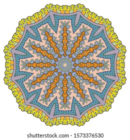 Mandala flower decoration, hand drawn round ornament, isolated design element on a white background. Vector geometric floral pattern. Tribal ethnic fashion motif for paper, textile, cloth fabric print
