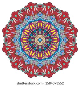 Mandala flower decoration, hand drawn round ornament, isolated design element on a white background. Vector geometric floral pattern. Tribal ethnic fashion motif for paper, textile, cloth fabric print
