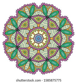 Mandala flower decoration, hand drawn round ornament, isolated design element on a white background. Vector geometric floral pattern. Tribal ethnic fashion motif for paper, textile, cloth fabric print