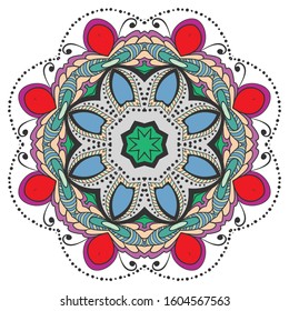 Mandala flower decoration, hand drawn round ornament, isolated design element on a white background. Vector geometric floral pattern. Tribal ethnic fashion motif for paper, textile, cloth fabric print