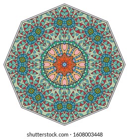 Mandala flower decoration, hand drawn round ornament, isolated design element on a white background. Vector geometric floral pattern. Tribal ethnic fashion motif for paper, textile, cloth fabric print