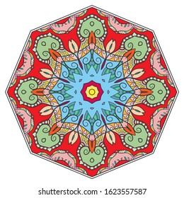 Mandala flower decoration, hand drawn round ornament, isolated design element on a white background. Vector geometric floral pattern. Tribal ethnic fashion motif for paper, textile, cloth fabric print
