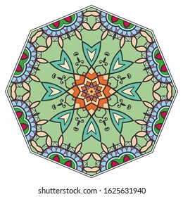 Mandala flower decoration, hand drawn round ornament, isolated design element on a white background. Vector geometric floral pattern. Tribal ethnic fashion motif for paper, textile, cloth fabric print
