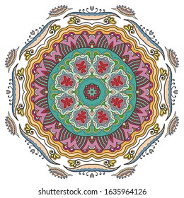 Mandala flower decoration, hand drawn round ornament, isolated design element on a white background. Vector geometric floral pattern. Tribal ethnic fashion motif for paper, textile, cloth fabric print