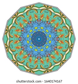 Mandala flower decoration, hand drawn round ornament, isolated design element on a white background. Vector geometric floral pattern. Tribal ethnic fashion motif for paper, textile, cloth fabric print