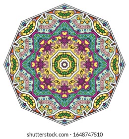 Mandala flower decoration, hand drawn round ornament, isolated design element on a white background. Vector geometric floral pattern. Tribal ethnic fashion motif for paper, textile, cloth fabric print
