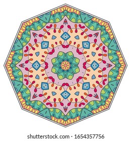 Mandala flower decoration, hand drawn round ornament, isolated design element on a white background. Vector geometric floral pattern. Tribal ethnic fashion motif for paper, textile, cloth fabric print