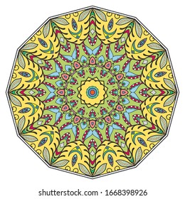 Mandala flower decoration, hand drawn round ornament, isolated design element on a white background. Vector geometric floral pattern. Tribal ethnic fashion motif for paper, textile, cloth fabric print