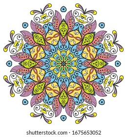 Mandala flower decoration, hand drawn round ornament, isolated design element on a white background. Vector geometric floral pattern. Tribal ethnic fashion motif for paper, textile, cloth fabric print