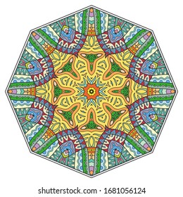 Mandala flower decoration, hand drawn round ornament, isolated design element on a white background. Vector geometric floral pattern. Tribal ethnic fashion motif for paper, textile, cloth fabric print