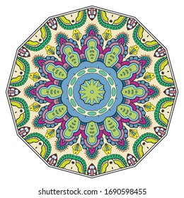 Mandala flower decoration, hand drawn round ornament, isolated design element on a white background. Vector geometric floral pattern. Tribal ethnic fashion motif for paper, textile, cloth fabric print