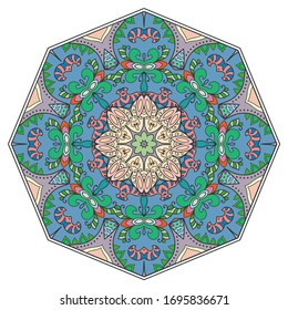 Mandala flower decoration, hand drawn round ornament, isolated design element on a white background. Vector geometric floral pattern. Tribal ethnic fashion motif for paper, textile, cloth fabric print