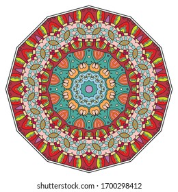 Mandala flower decoration, hand drawn round ornament, isolated design element on a white background. Vector geometric floral pattern. Tribal ethnic fashion motif for paper, textile, cloth fabric print