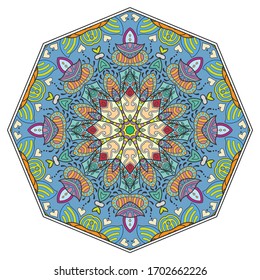 Mandala flower decoration, hand drawn round ornament, isolated design element on a white background. Vector geometric floral pattern. Tribal ethnic fashion motif for paper, textile, cloth fabric print