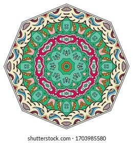 Mandala flower decoration, hand drawn round ornament, isolated design element on a white background. Vector geometric floral pattern. Tribal ethnic fashion motif for paper, textile, cloth fabric print