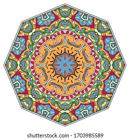 Mandala flower decoration, hand drawn round ornament, isolated design element on a white background. Vector geometric floral pattern. Tribal ethnic fashion motif for paper, textile, cloth fabric print