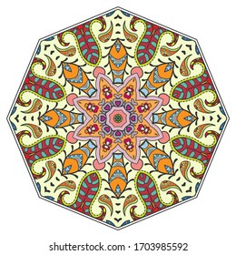Mandala flower decoration, hand drawn round ornament, isolated design element on a white background. Vector geometric floral pattern. Tribal ethnic fashion motif for paper, textile, cloth fabric print