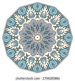 Mandala flower decoration, hand drawn round ornament, isolated design element on a white background. Vector geometric floral pattern. Tribal ethnic fashion motif for paper, textile, cloth fabric print