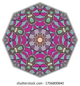 Mandala flower decoration, hand drawn round ornament, isolated design element on a white background. Vector geometric floral pattern. Tribal ethnic fashion motif for paper, textile, cloth fabric print