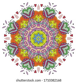 Mandala flower decoration, hand drawn round ornament, isolated design element on a white background. Vector geometric floral pattern. Tribal ethnic fashion motif for paper, textile, cloth fabric print