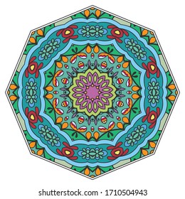 Mandala flower decoration, hand drawn round ornament, isolated design element on a white background. Vector geometric floral pattern. Tribal ethnic fashion motif for paper, textile, cloth fabric print