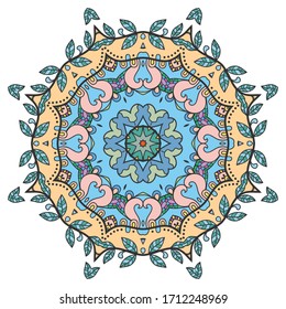 Mandala flower decoration, hand drawn round ornament, isolated design element on a white background. Vector geometric floral pattern. Tribal ethnic fashion motif for paper, textile, cloth fabric print