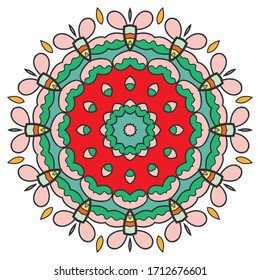 Mandala flower decoration, hand drawn round ornament, isolated design element on a white background. Vector geometric floral pattern. Tribal ethnic fashion motif for paper, textile, cloth fabric print