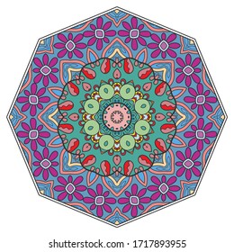 Mandala flower decoration, hand drawn round ornament, isolated design element on a white background. Vector geometric floral pattern. Tribal ethnic fashion motif for paper, textile, cloth fabric print