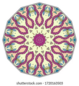 Mandala flower decoration, hand drawn round ornament, isolated design element on a white background. Vector geometric floral pattern. Tribal ethnic fashion motif for paper, textile, cloth fabric print