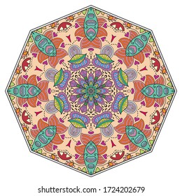 Mandala flower decoration, hand drawn round ornament, isolated design element on a white background. Vector geometric floral pattern. Tribal ethnic fashion motif for paper, textile, cloth fabric print