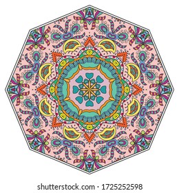 Mandala flower decoration, hand drawn round ornament, isolated design element on a white background. Vector geometric floral pattern. Tribal ethnic fashion motif for paper, textile, cloth fabric print