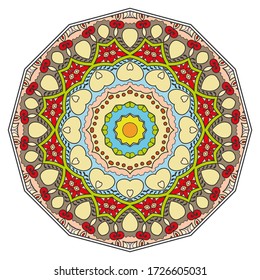 Mandala flower decoration, hand drawn round ornament, isolated design element on a white background. Vector geometric floral pattern. Tribal ethnic fashion motif for paper, textile, cloth fabric print