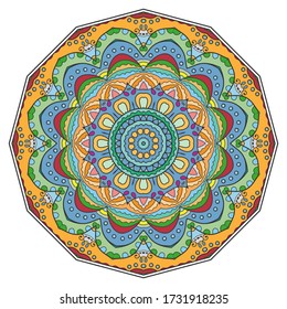 Mandala flower decoration, hand drawn round ornament, isolated design element on a white background. Vector geometric floral pattern. Tribal ethnic fashion motif for paper, textile, cloth fabric print