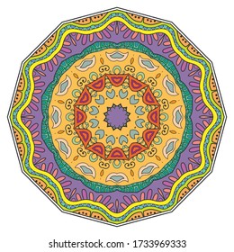 Mandala flower decoration, hand drawn round ornament, isolated design element on a white background. Vector geometric floral pattern. Tribal ethnic fashion motif for paper, textile, cloth fabric print