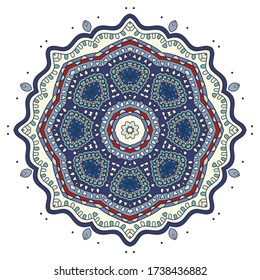 Mandala flower decoration, hand drawn round ornament, isolated design element on a white background. Vector geometric floral pattern. Tribal ethnic fashion motif for paper, textile, cloth fabric print
