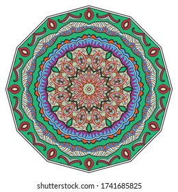 Mandala flower decoration, hand drawn round ornament, isolated design element on a white background. Vector geometric floral pattern. Tribal ethnic fashion motif for paper, textile, cloth fabric print