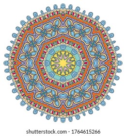 Mandala flower decoration, hand drawn round ornament, isolated design element on a white background. Vector geometric floral pattern. Tribal ethnic fashion motif for paper, textile, cloth fabric print