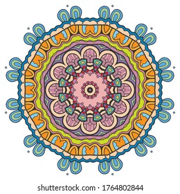 Mandala flower decoration, hand drawn round ornament, isolated design element on a white background. Vector geometric floral pattern. Tribal ethnic fashion motif for paper, textile, cloth fabric print