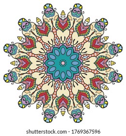 Mandala flower decoration, hand drawn round ornament, isolated design element on a white background. Vector geometric floral pattern. Tribal ethnic fashion motif for paper, textile, cloth fabric print